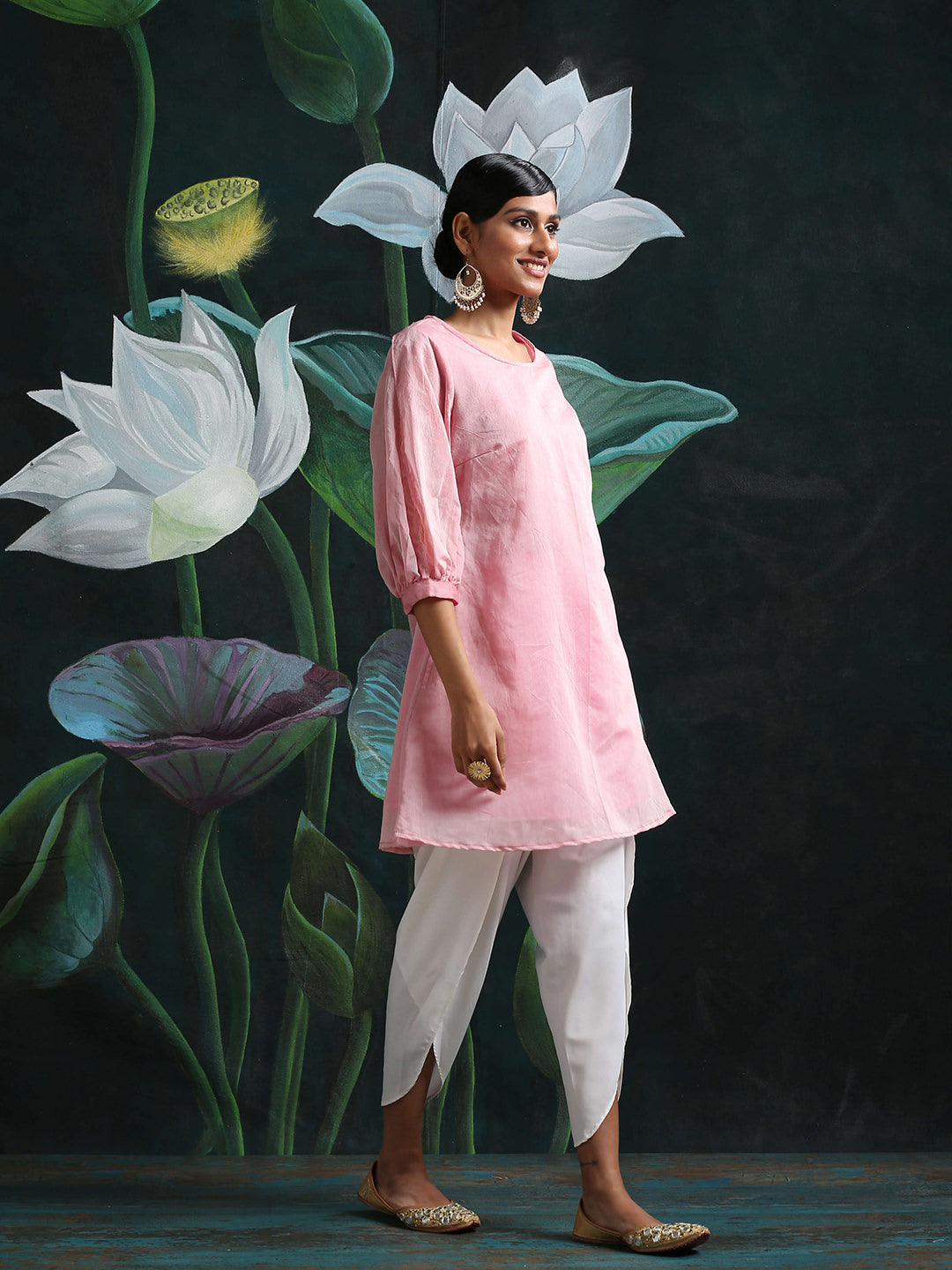 Pink Flared Kurta with Gathered Sleeves