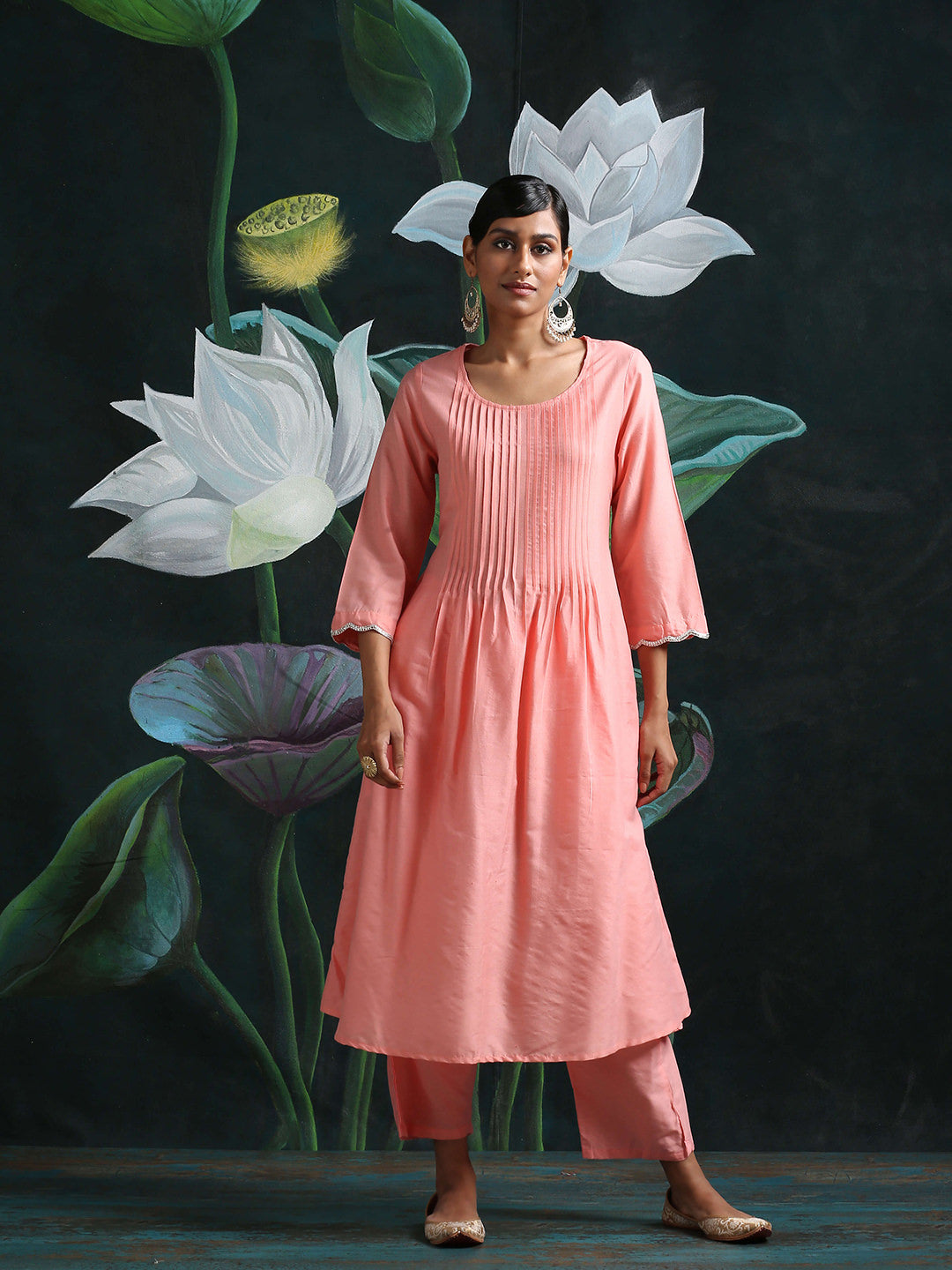 Cotton silk pleated flared kurta with detailed sleeves and pockets