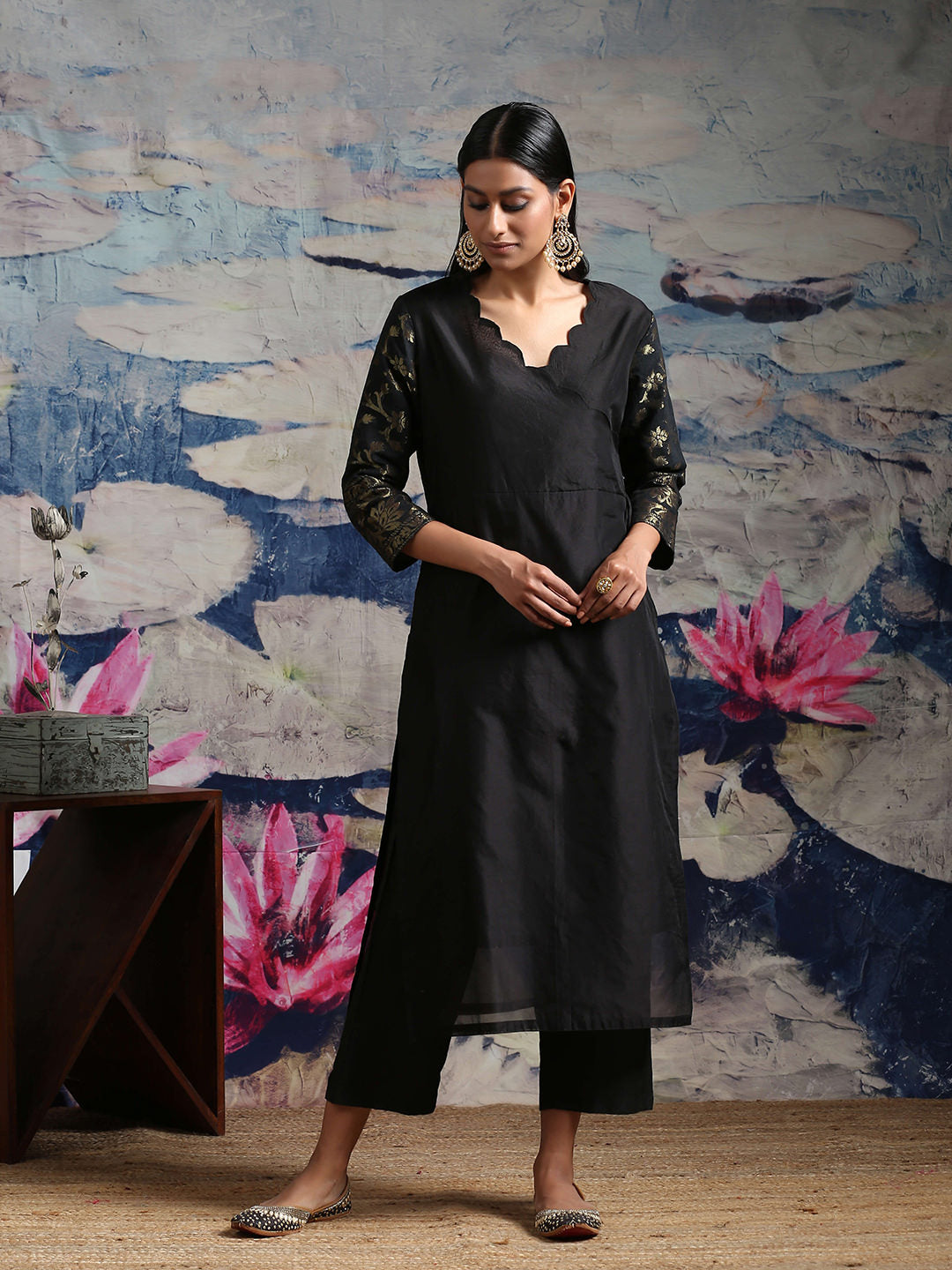 Black Banarasi Kurta With Scalloped Neckline