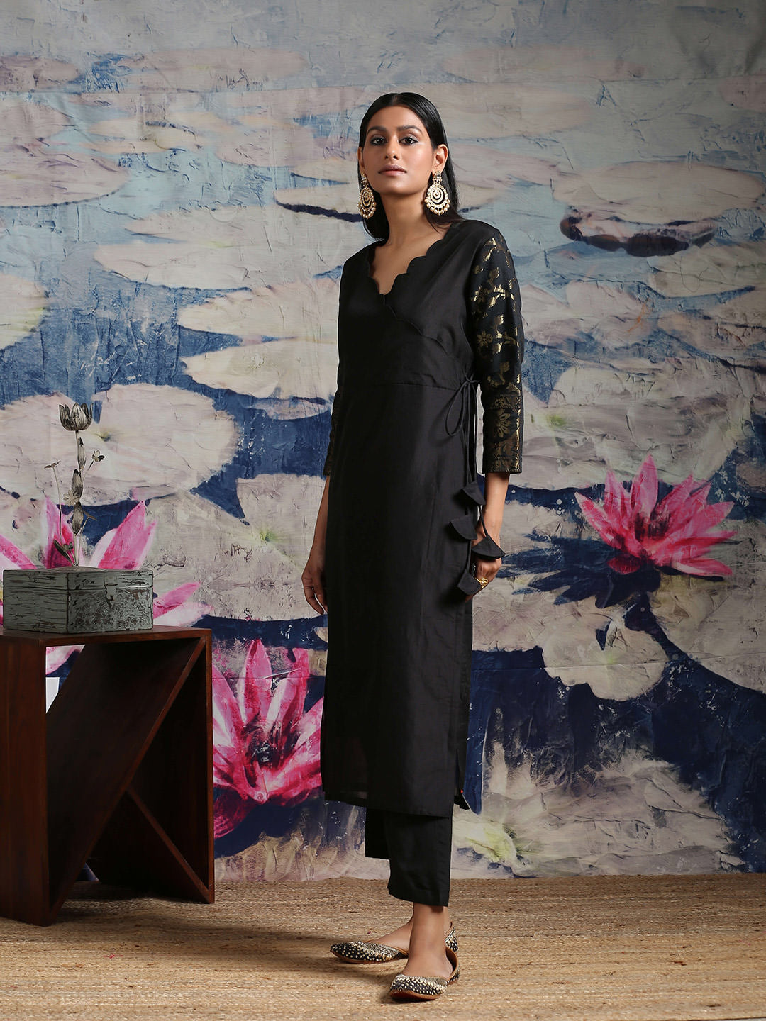 Black Banarasi Kurta With Scalloped Neckline