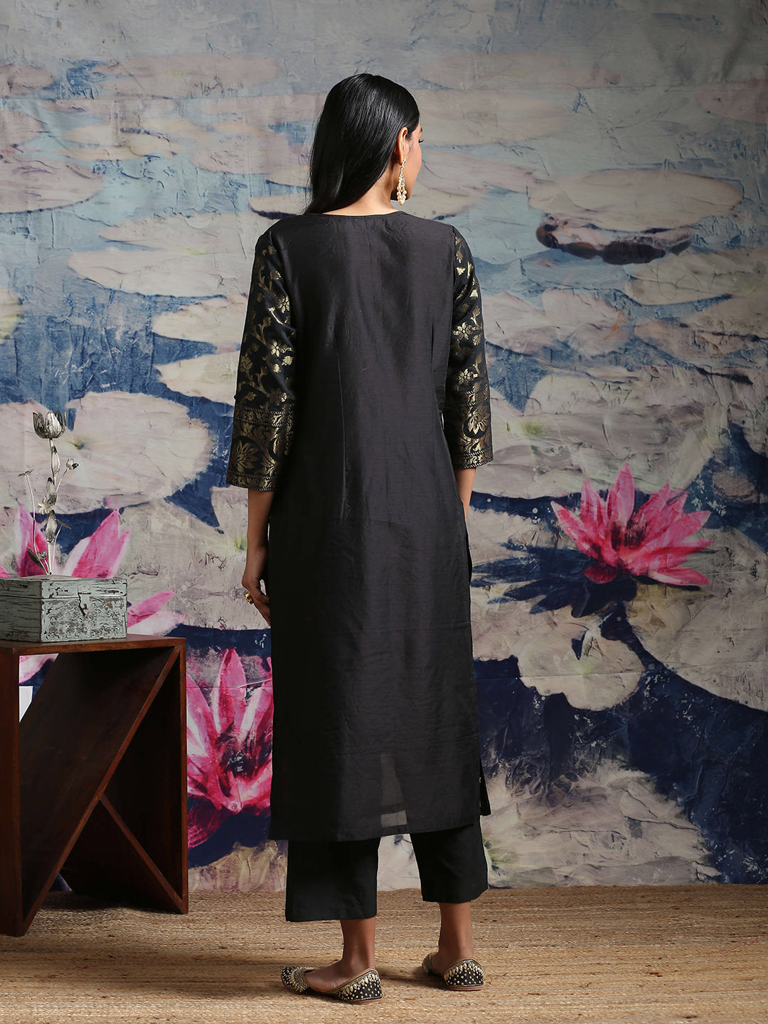 Black Banarasi Kurta With Scalloped Neckline