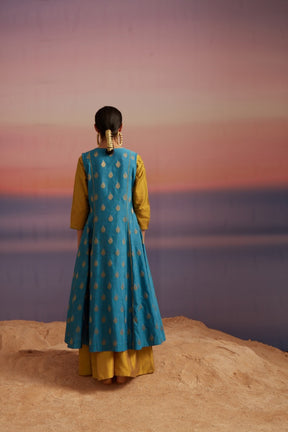 Coral Blue Sleeveless Banarasi Jacket