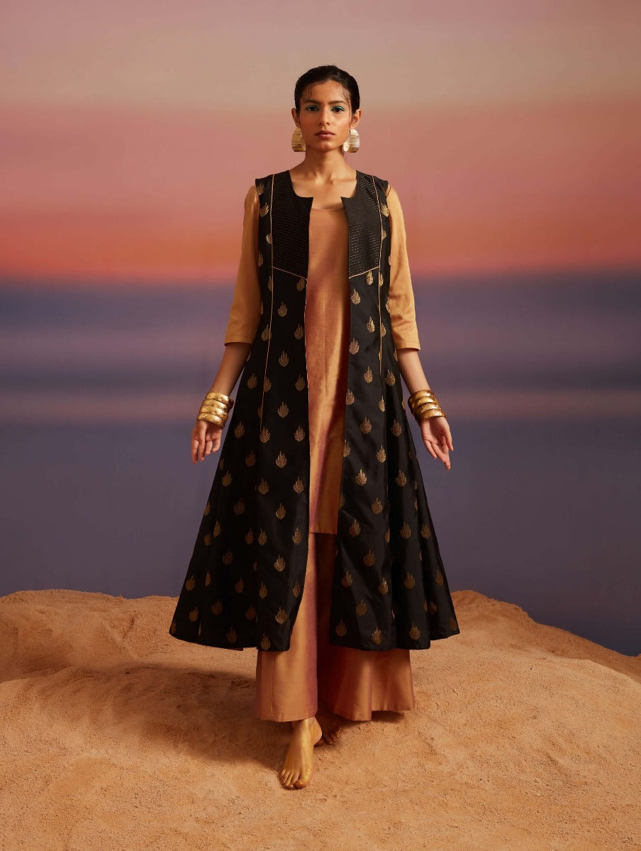 Coral-Black Sleeveless Jacket and Banarasi Kurta