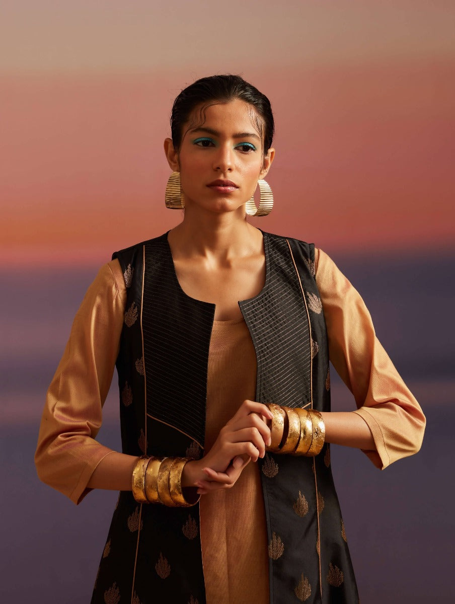 Coral-Black Sleeveless Jacket and Banarasi Kurta