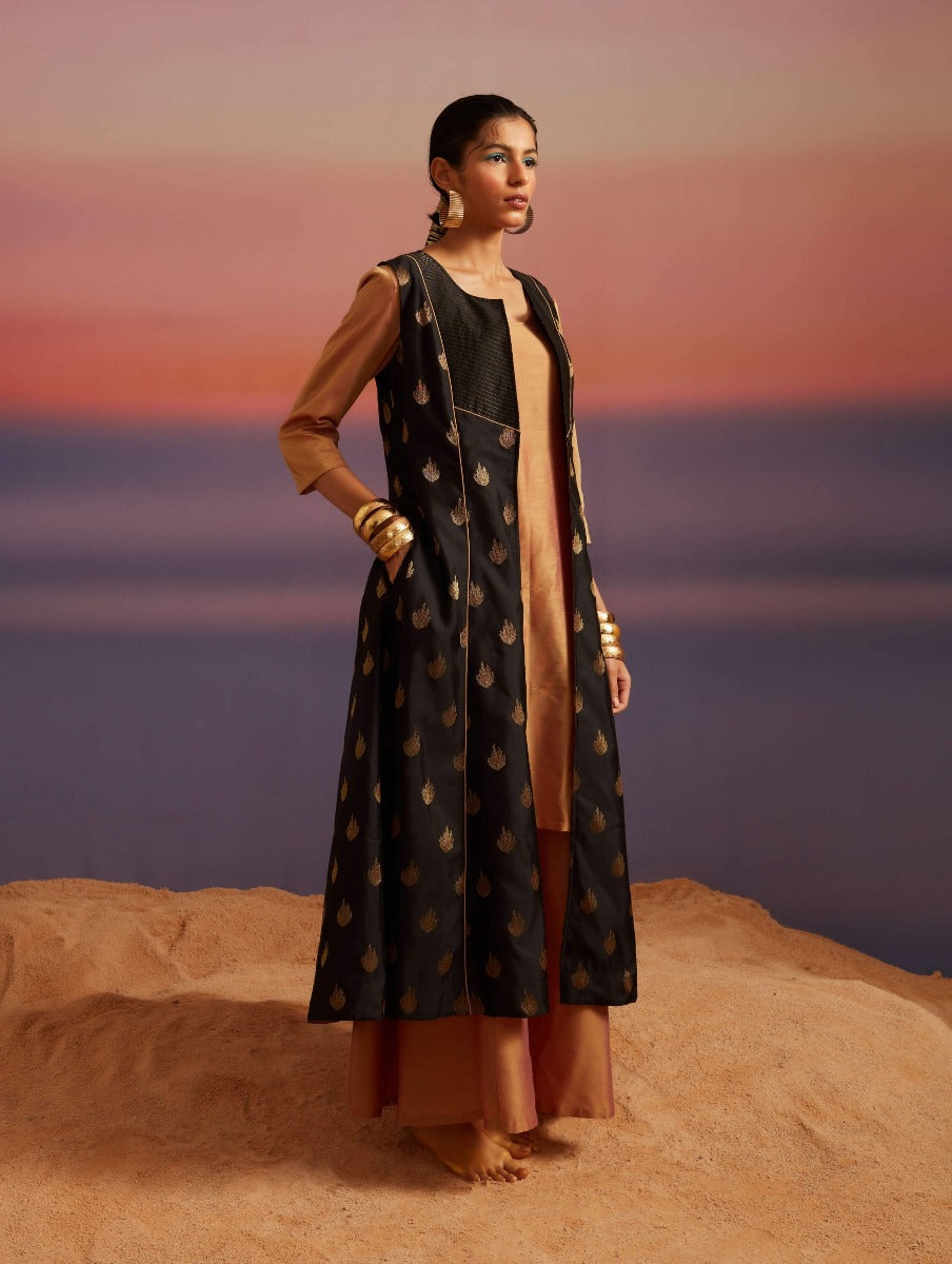 Coral-Black Sleeveless Jacket and Banarasi Kurta
