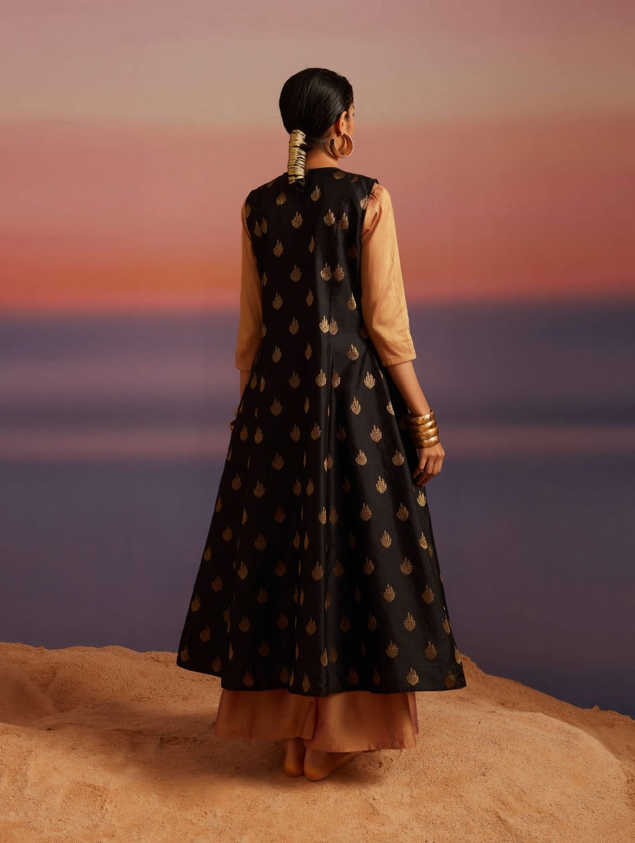 Coral-Black Sleeveless Jacket and Banarasi Kurta
