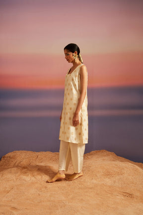 Cloud Cream Square-Neck Banarasi Kurta With Pants