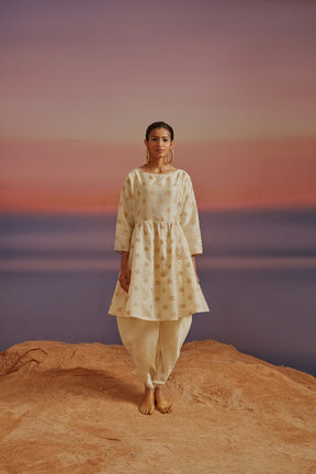 Cloud-Cream Sleeveless Falred Banarasi Kurta