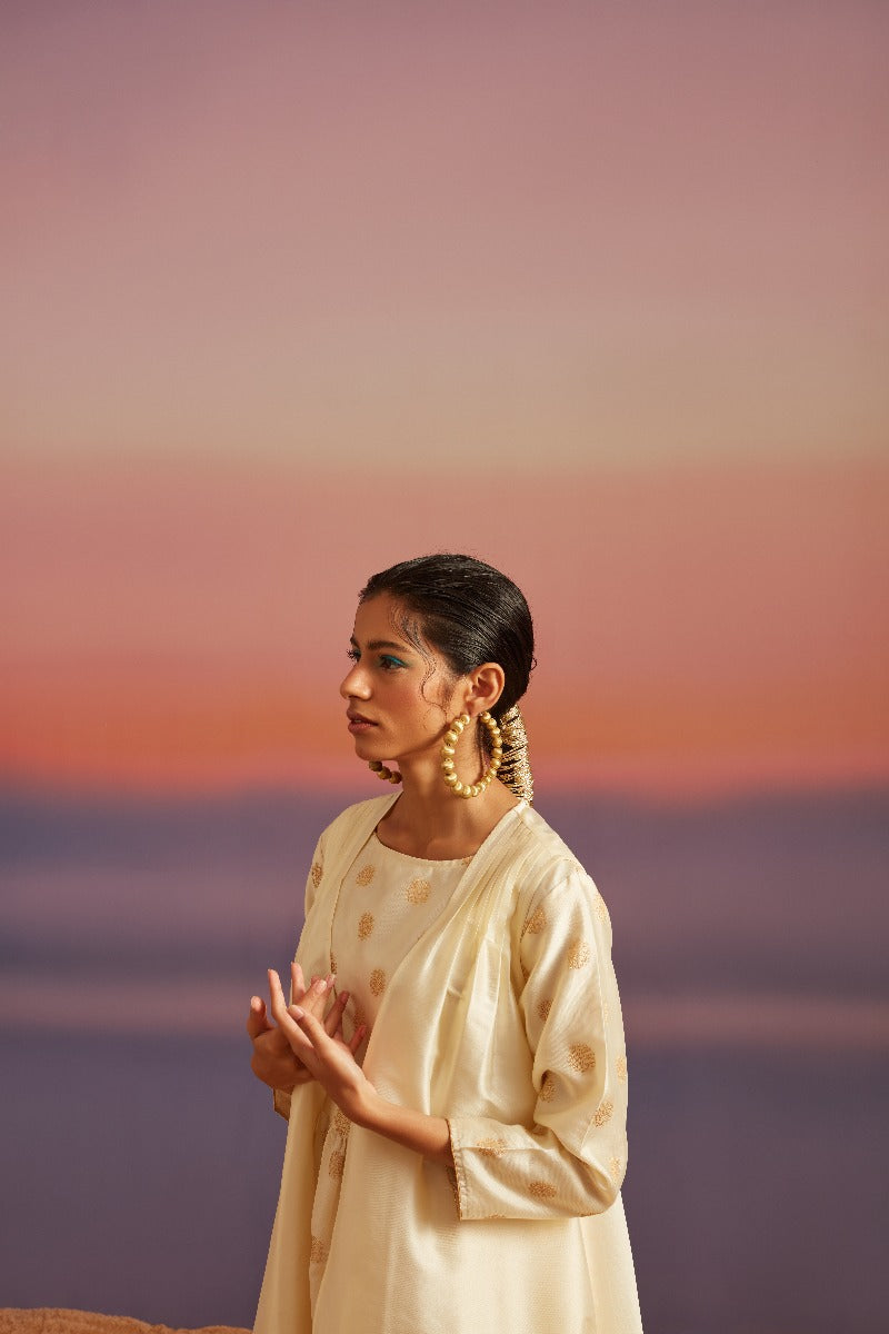 Cloud-Cream Sleeveless Falred Banarasi Kurta