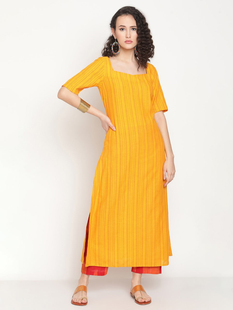 Sunset Orange Kurta With Hand-embroidered Details