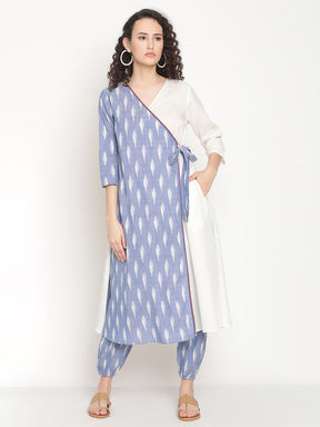 Cloud Blue Ikat Angrakha With Belt Tie-up