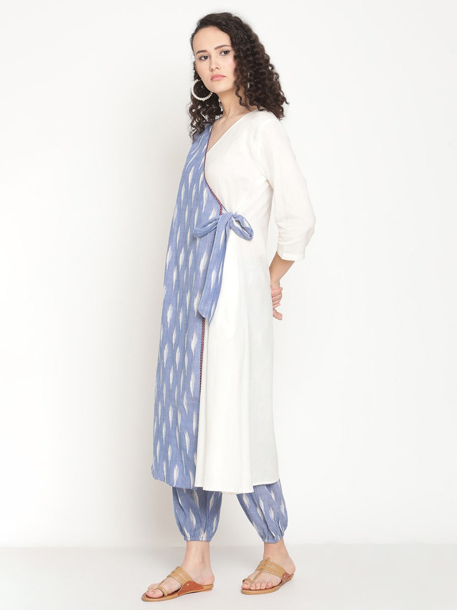 Cloud Blue Ikat Angrakha With Belt Tie-up
