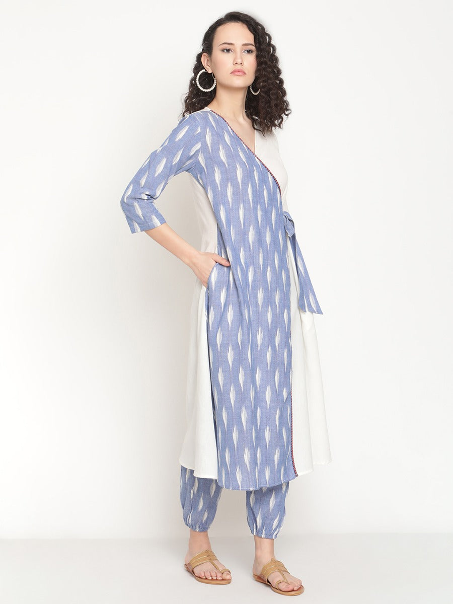 Cloud Blue Ikat Angrakha With Belt Tie-up