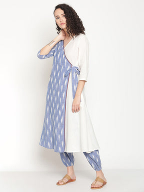Cloud Blue Ikat Angrakha With Belt Tie-up