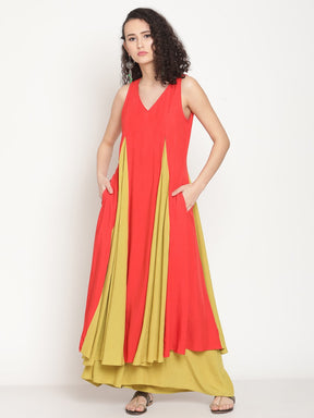 Rust Orange Flared Kurta With Godet Panels