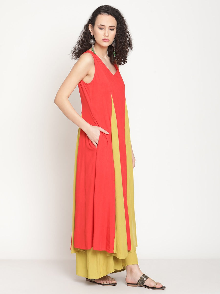 Rust Orange Flared Kurta With Godet Panels