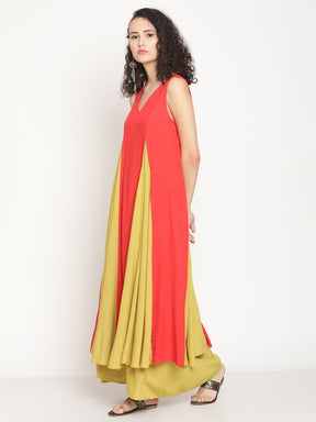 Rust Orange Flared Kurta With Godet Panels