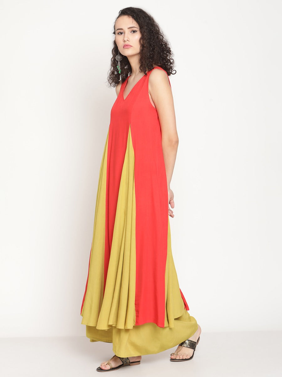 Rust Orange Flared Kurta With Godet Panels