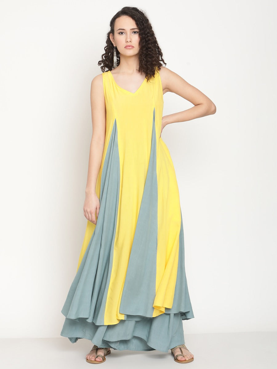 Corn Yellow Flared Kurta With Godet Panels - XS