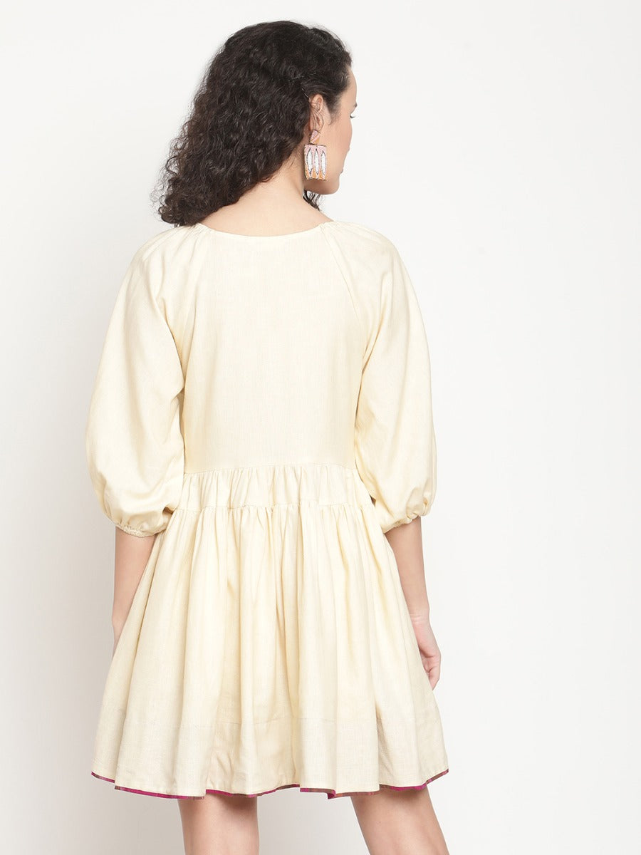 Sandy Fawn Tiered Mini Dress With Ikat Details
