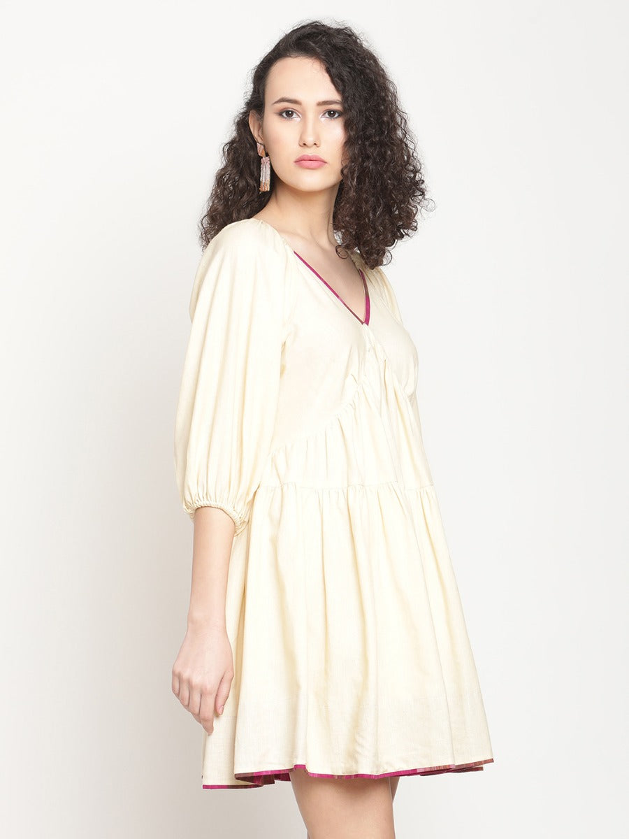 Sandy Fawn Tiered Mini Dress With Ikat Details