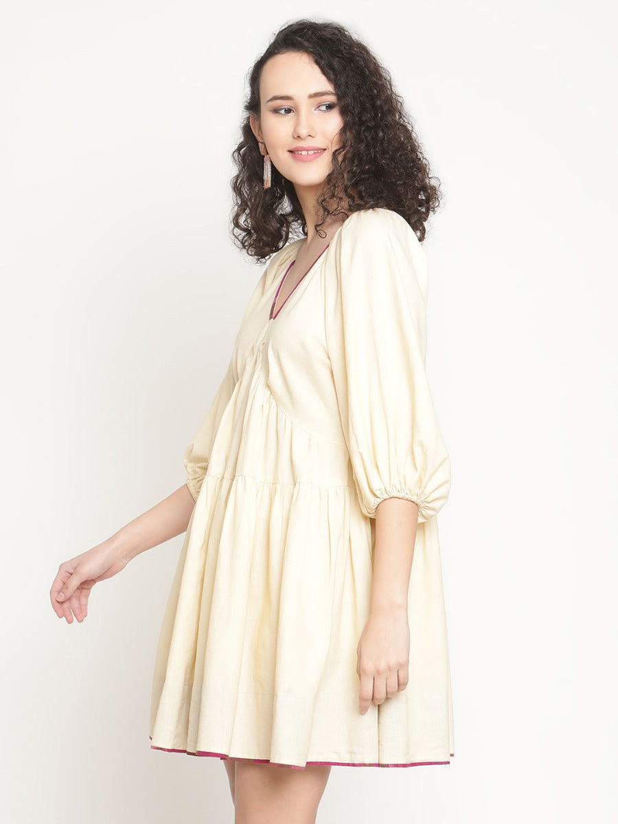 Sandy Fawn Tiered Mini Dress With Ikat Details