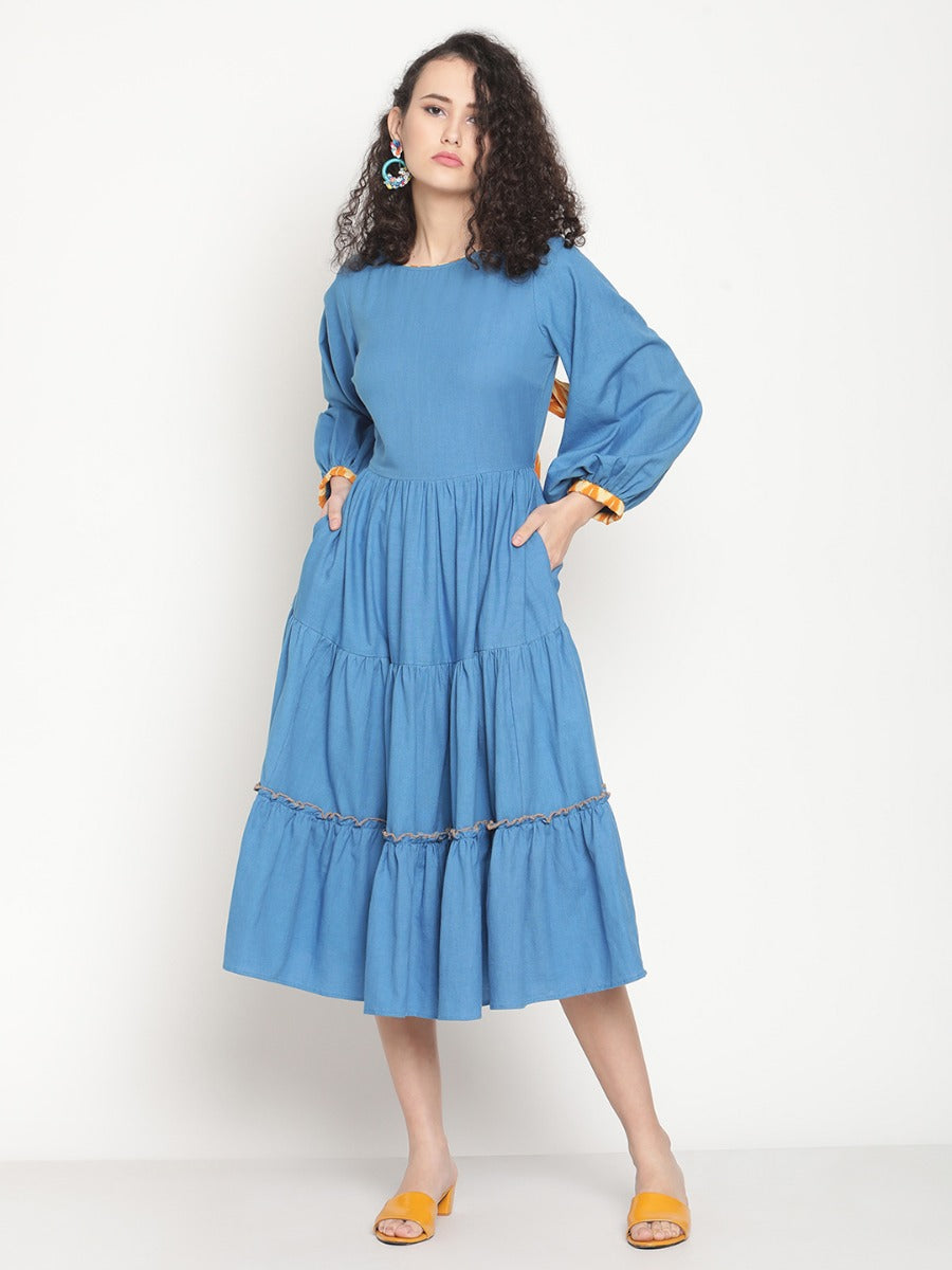 Electric Blue Tiered Midi Dress With Ikat Details