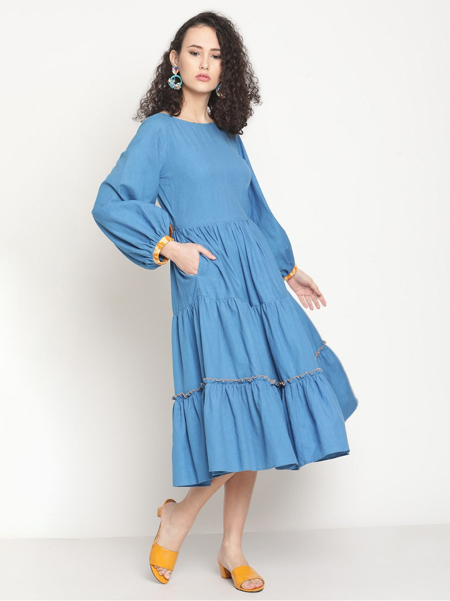 Electric Blue Tiered Midi Dress With Ikat Details