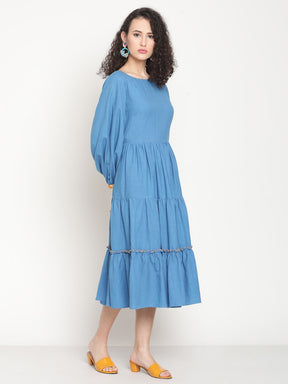 Electric Blue Tiered Midi Dress With Ikat Details