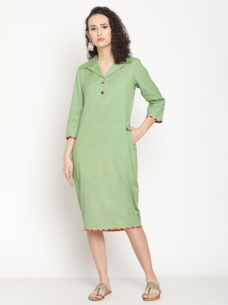 Fern Green Butterfly Neck Tulip Dress With Ikat Details