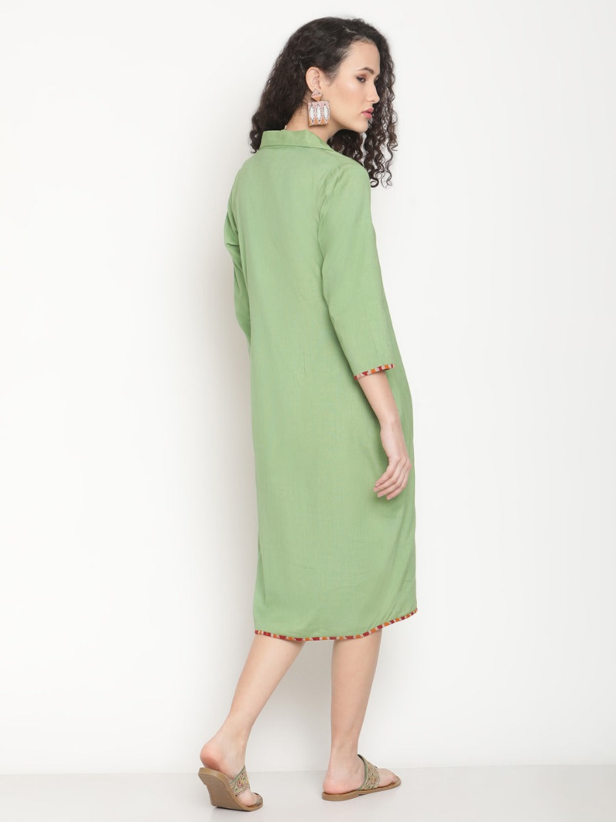 Fern Green Butterfly Neck Tulip Dress With Ikat Details