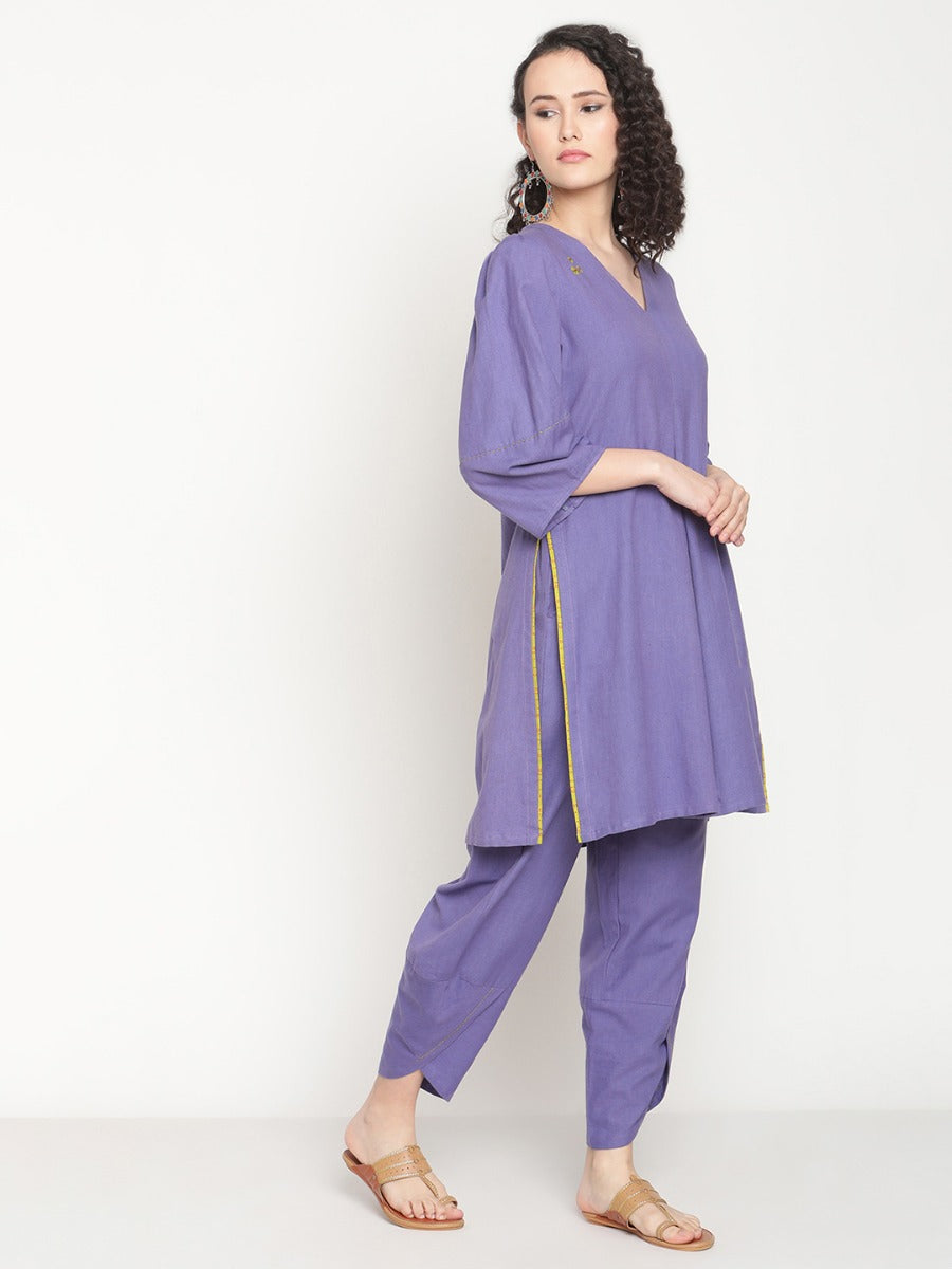 Very Peri V-Neck Flared Embroidered Kurta