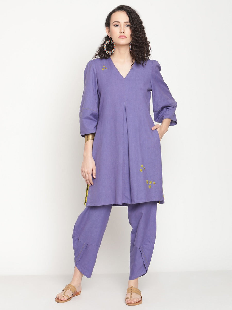 Very Peri V-Neck Flared Embroidered Kurta