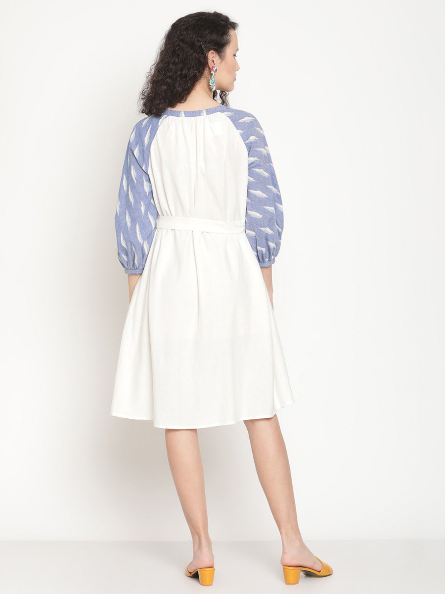 Cloud Blue Ikat Dress With Waist Belt