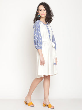 Cloud Blue Ikat Dress With Waist Belt