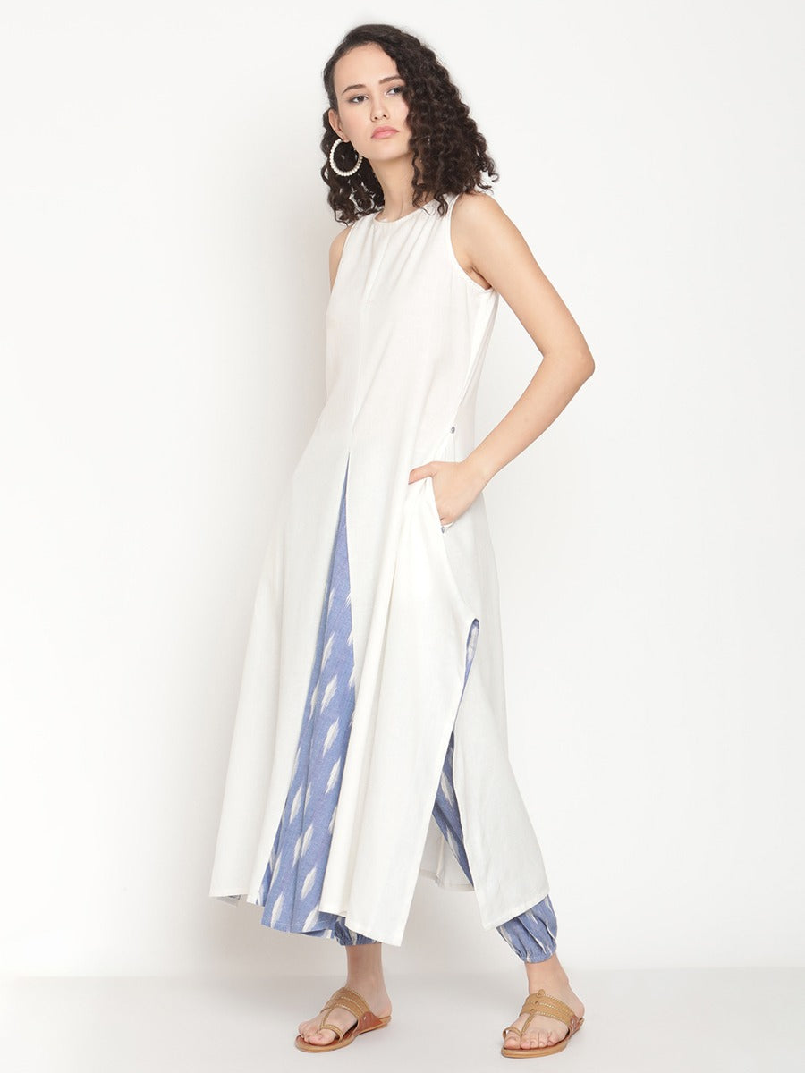 Pearl White Kurta With Circular Ikat Panel