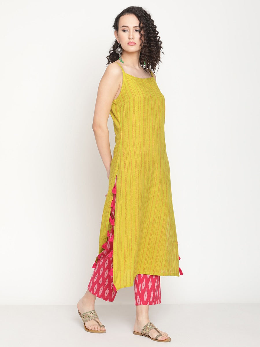 Spring Green Strappy Kurta With Tassels