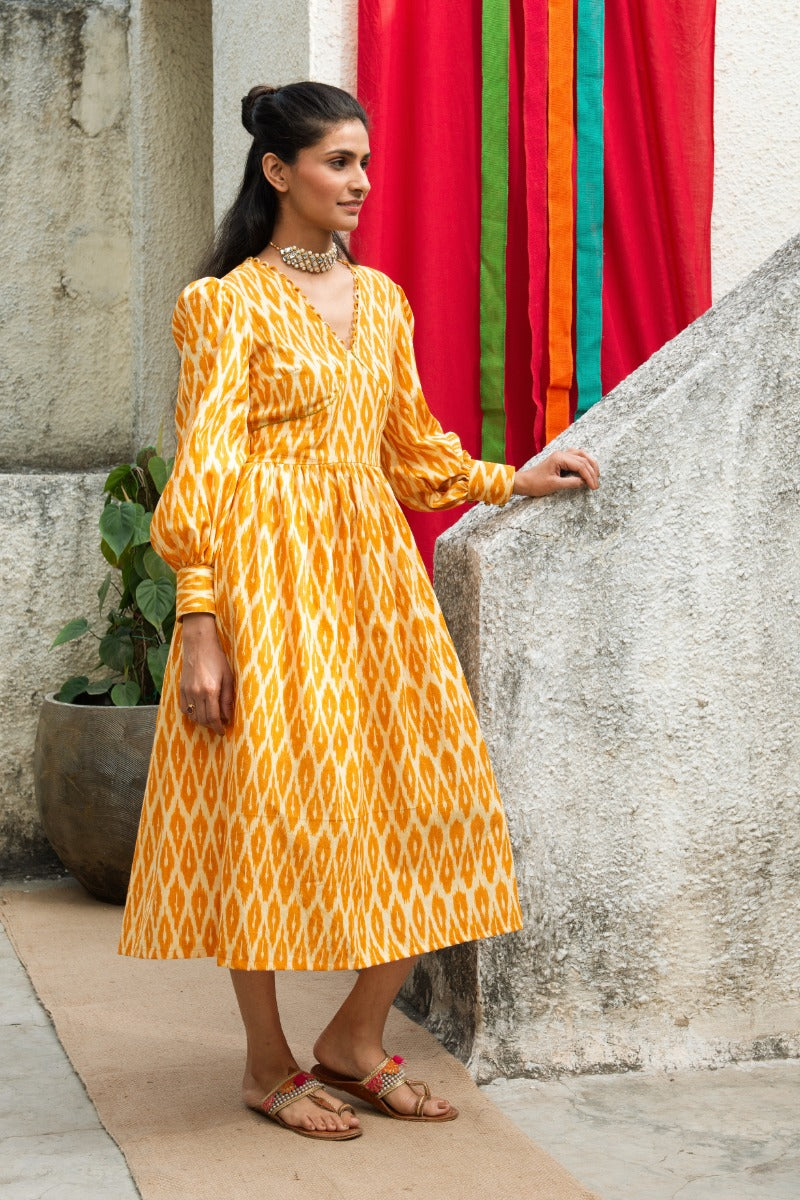 Ochre Yellow Ikat Midi Dress with Wide Cuffs