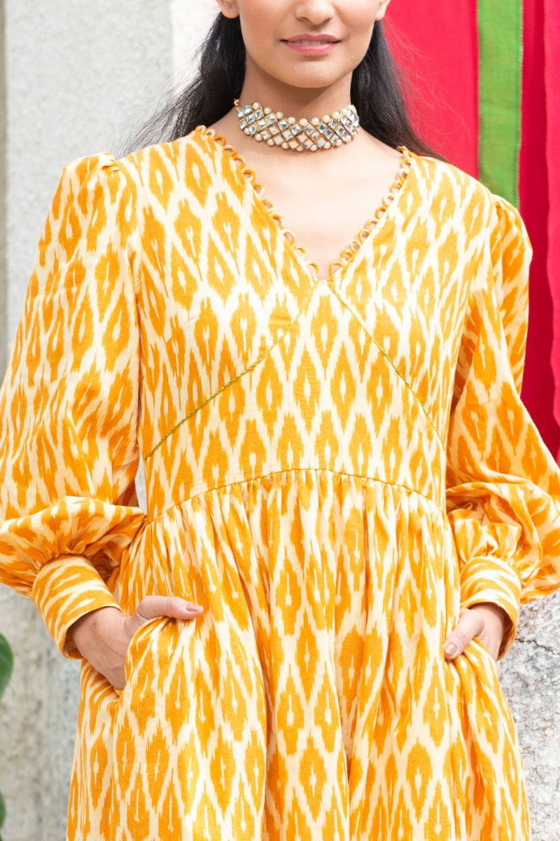 Ochre Yellow Ikat Midi Dress with Wide Cuffs