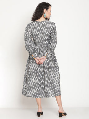 Ash Grey Ikat Midi Dress With Wide Cuffs