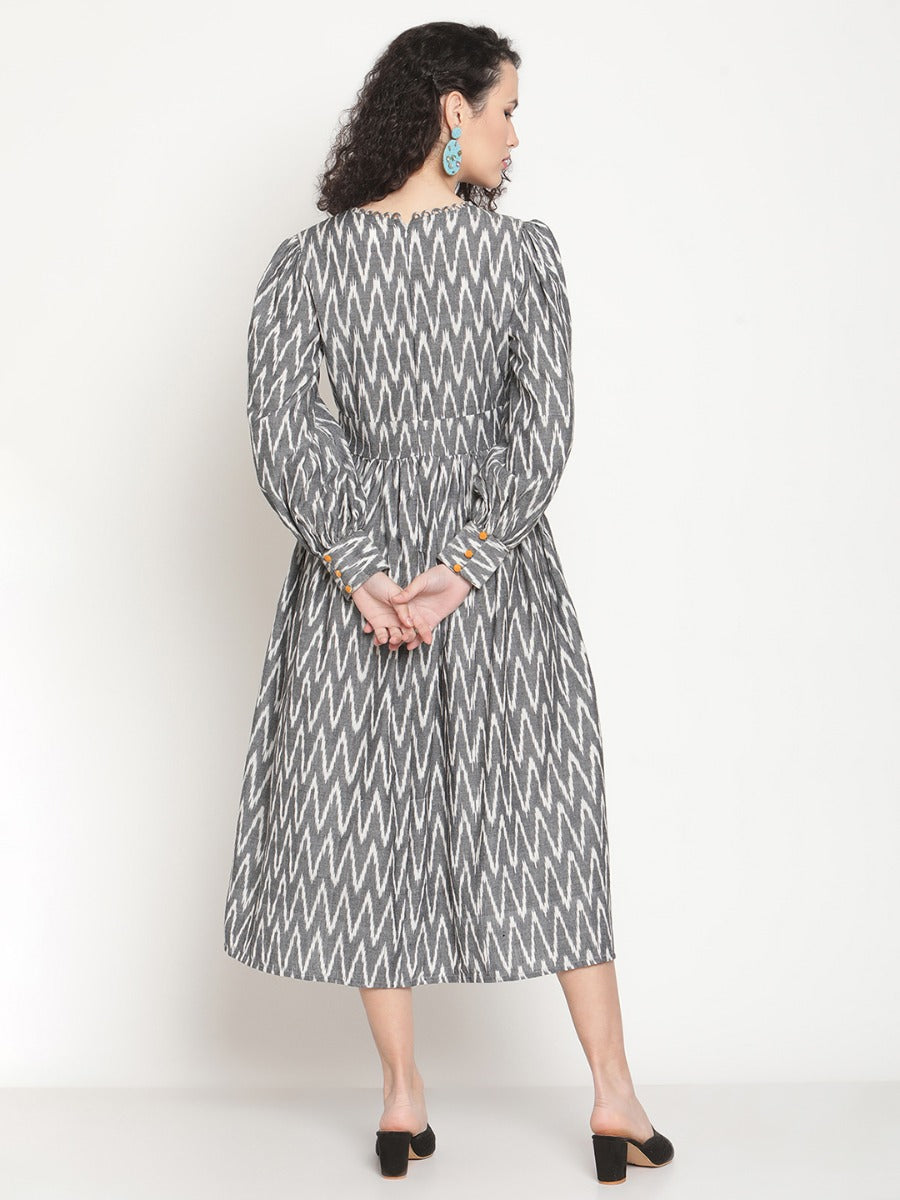 Ash Grey Ikat Midi Dress With Wide Cuffs