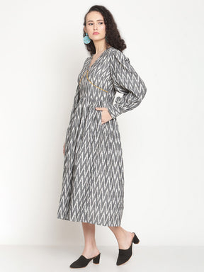 Ash Grey Ikat Midi Dress With Wide Cuffs