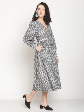 Ash Grey Ikat Midi Dress With Wide Cuffs
