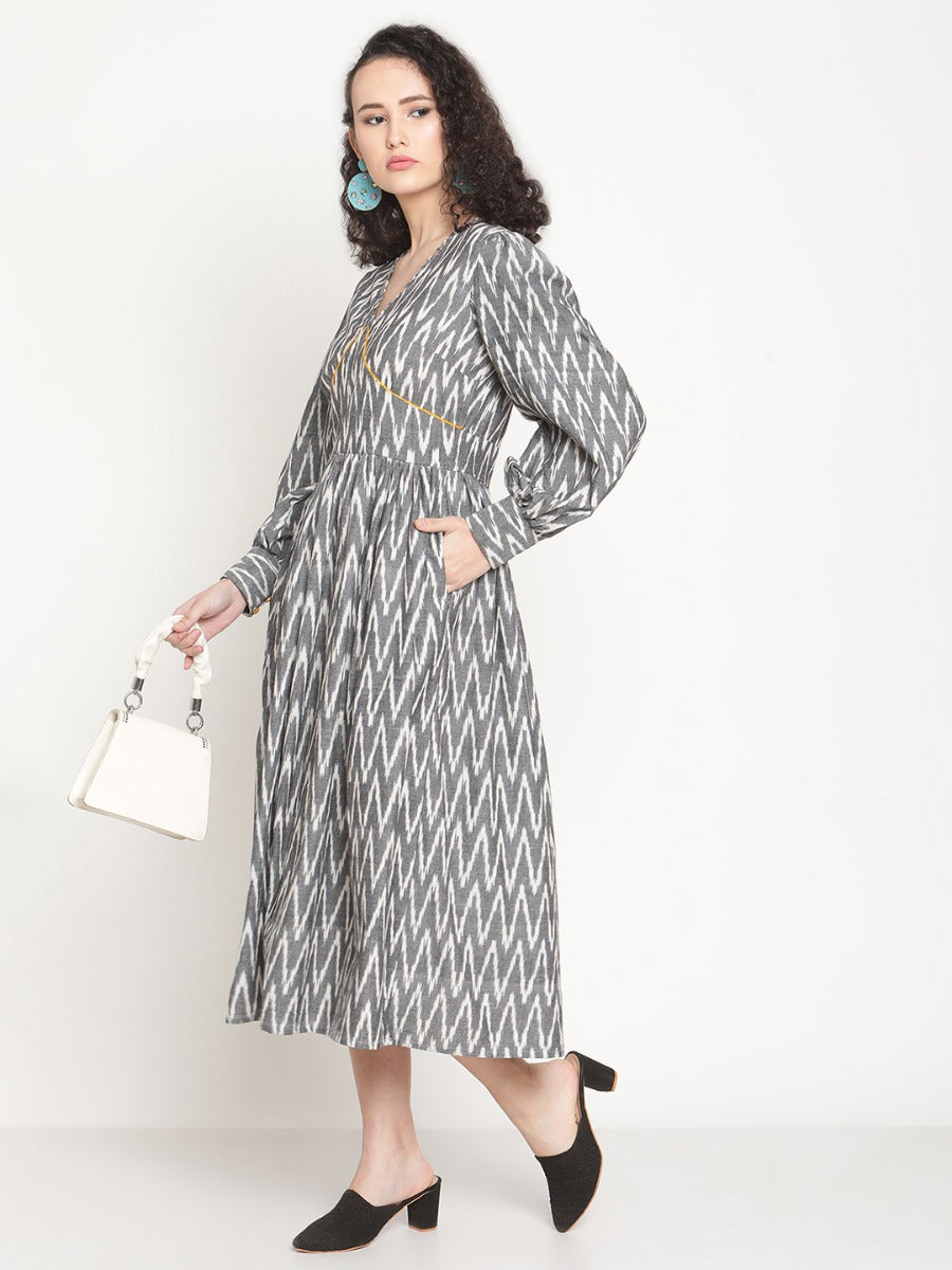 Ash Grey Ikat Midi Dress With Wide Cuffs