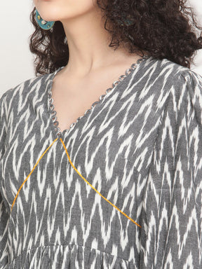 Ash Grey Ikat Midi Dress With Wide Cuffs