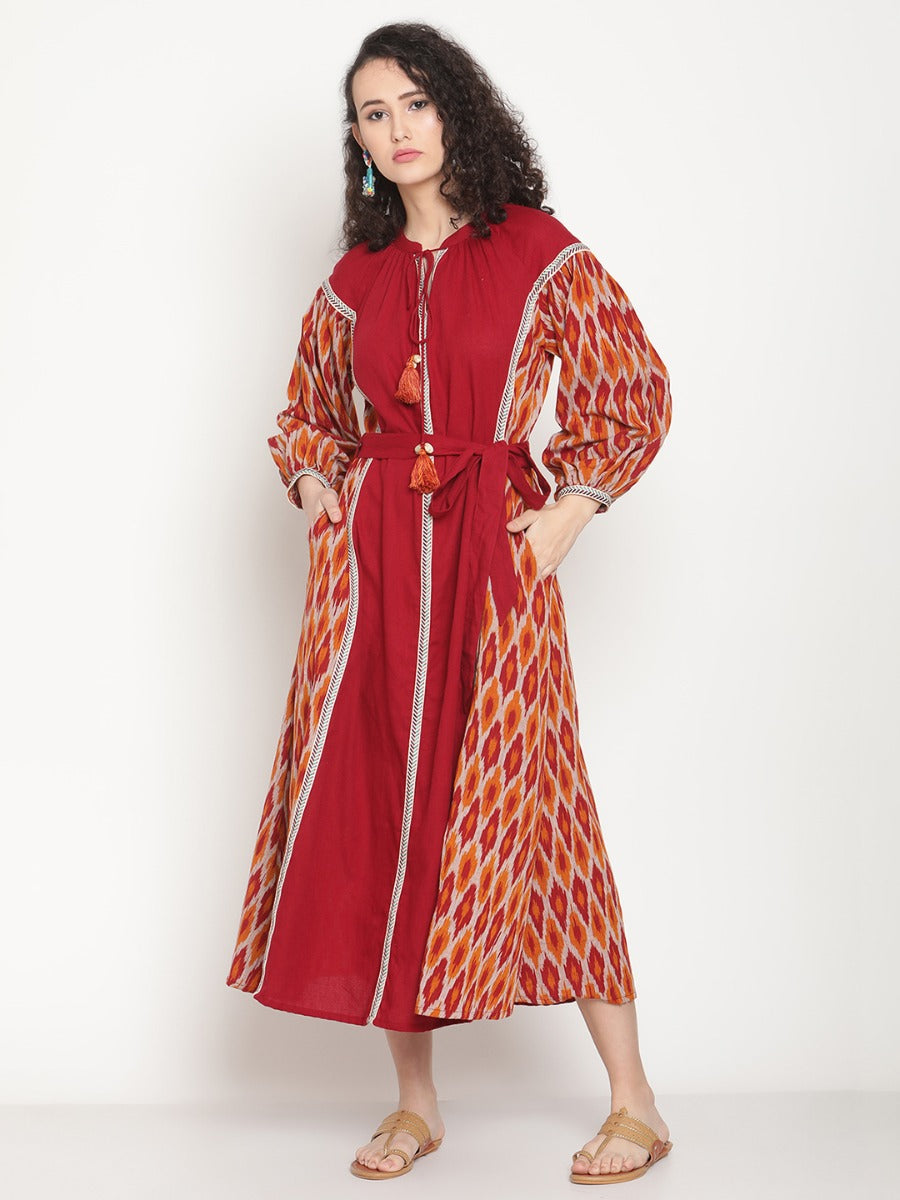 Sunset Red Ikat Dress With Waist Belt and Tie-up