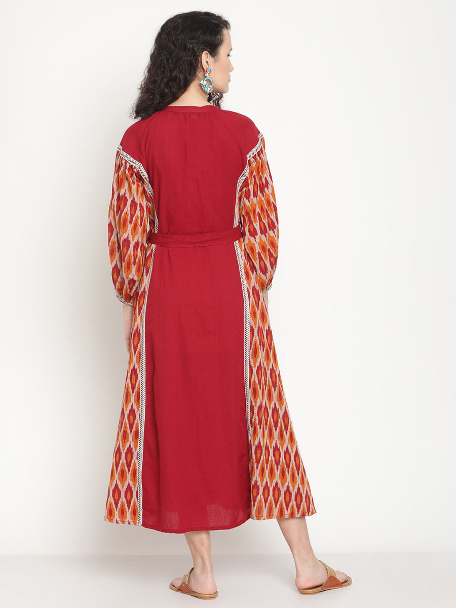 Sunset Red Ikat Dress With Waist Belt and Tie-up