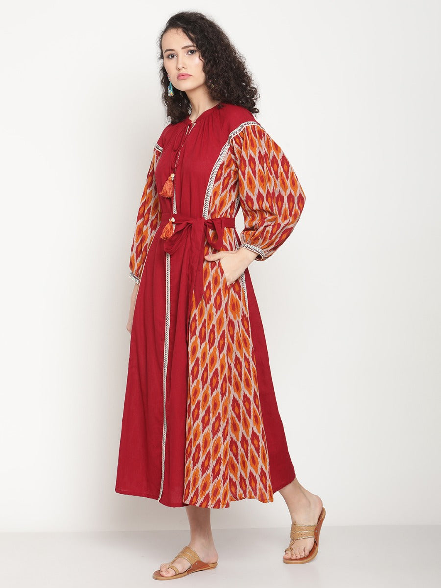 Sunset Red Ikat Dress With Waist Belt and Tie-up