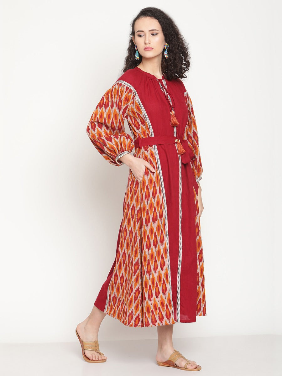 Sunset Red Ikat Dress With Waist Belt and Tie-up