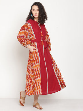 Sunset Red Ikat Dress With Waist Belt and Tie-up